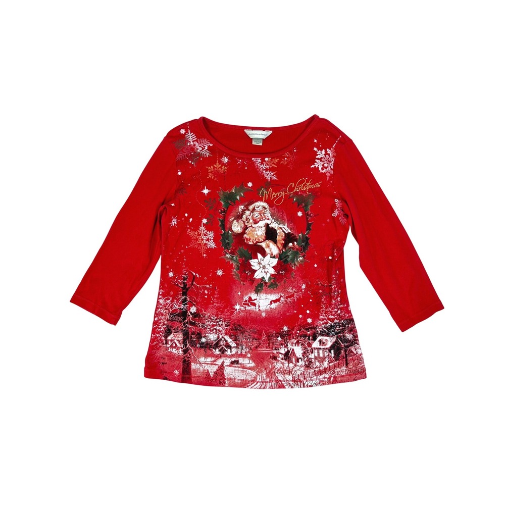 Y2K Vintage Christmas Santa Claus 3/4 Sleeve Shirt Size Small Festive Grannycore